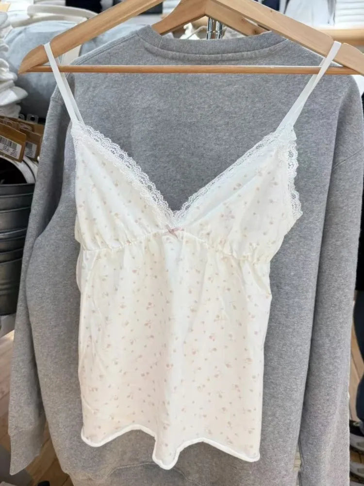 Sweet Floral Print Tank Tops Women New Cotton Slim Sexy Lace Trim V-neck Bow Sleeveless Vests Preppy Style Cute Camisole Y2K Top