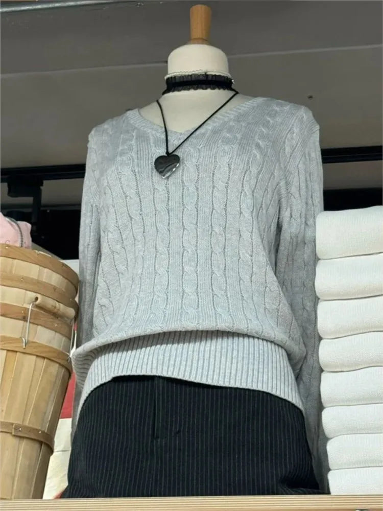 New Beige Twisted Flower Thin Knitted Sweater Women V-Neck Long Sleeve Jumpers Spring Sweet Cute Preppy Style Sweater Top