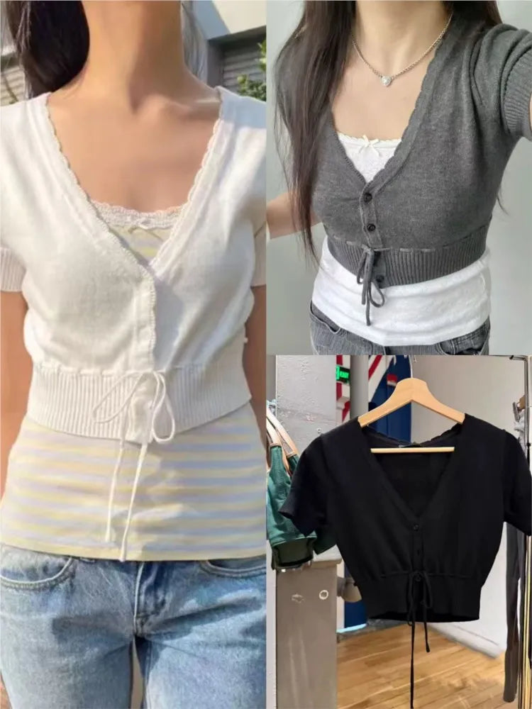 Solid Drawstring Slim Cropped Knitwear Top WomenV-neck Short Sleeve Cotton Thin Short T-shirts Sweet Casual Simple Crop Tops