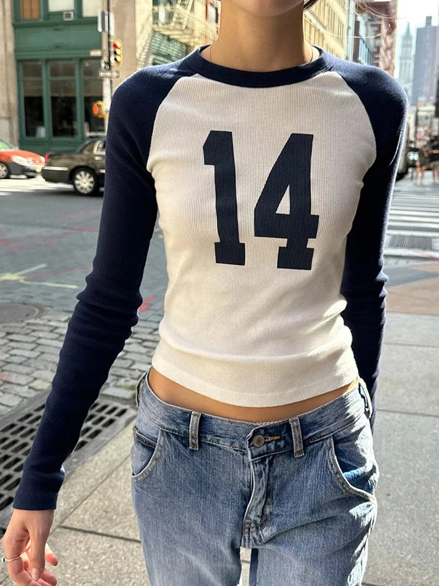 Vintage Patchwork 14 Print Slim Long Sleeve Tee Women Casual O-neck Ribbed Cotton Street Simple Tops Sweet Harajuku T-shirts Y2K