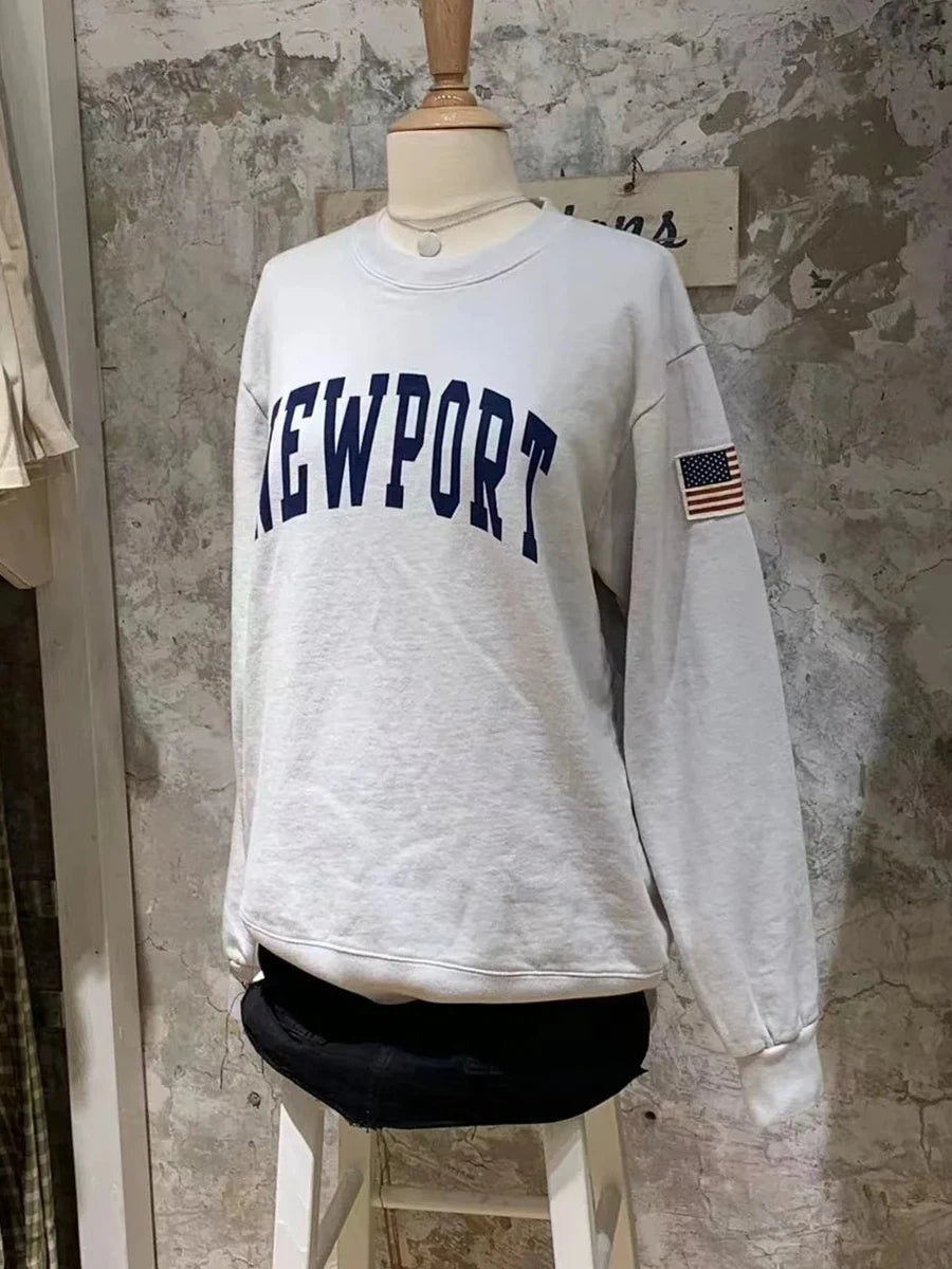 Letter Embroidery Sweatshirts Women Autumn New Casual O-neck Flag Long Sleeve Hoodies Vintage Harajuku Chic Pullover Top Y2K