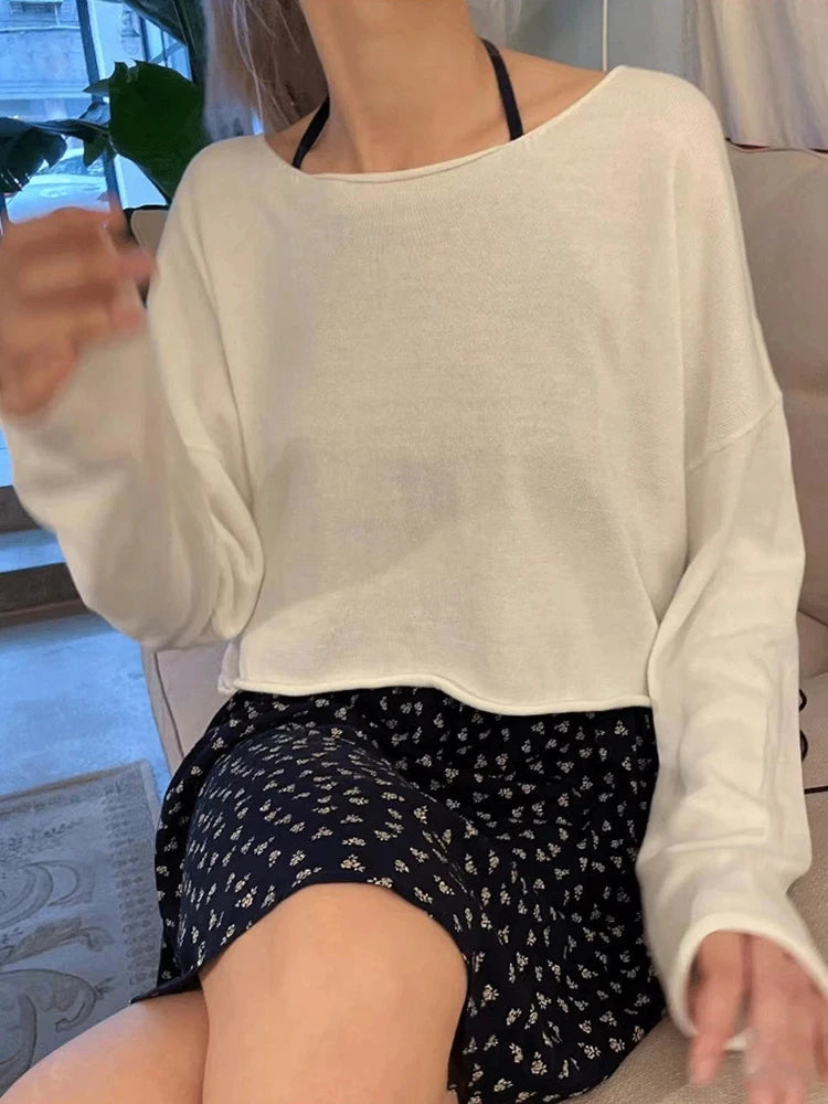 Fashion Navy Blue Cotton Knit T-shirts Women Spring Casual Streetwear Basic Raw Hem Long Sleeve Tee Female Vintage Chic Y2K Tops
