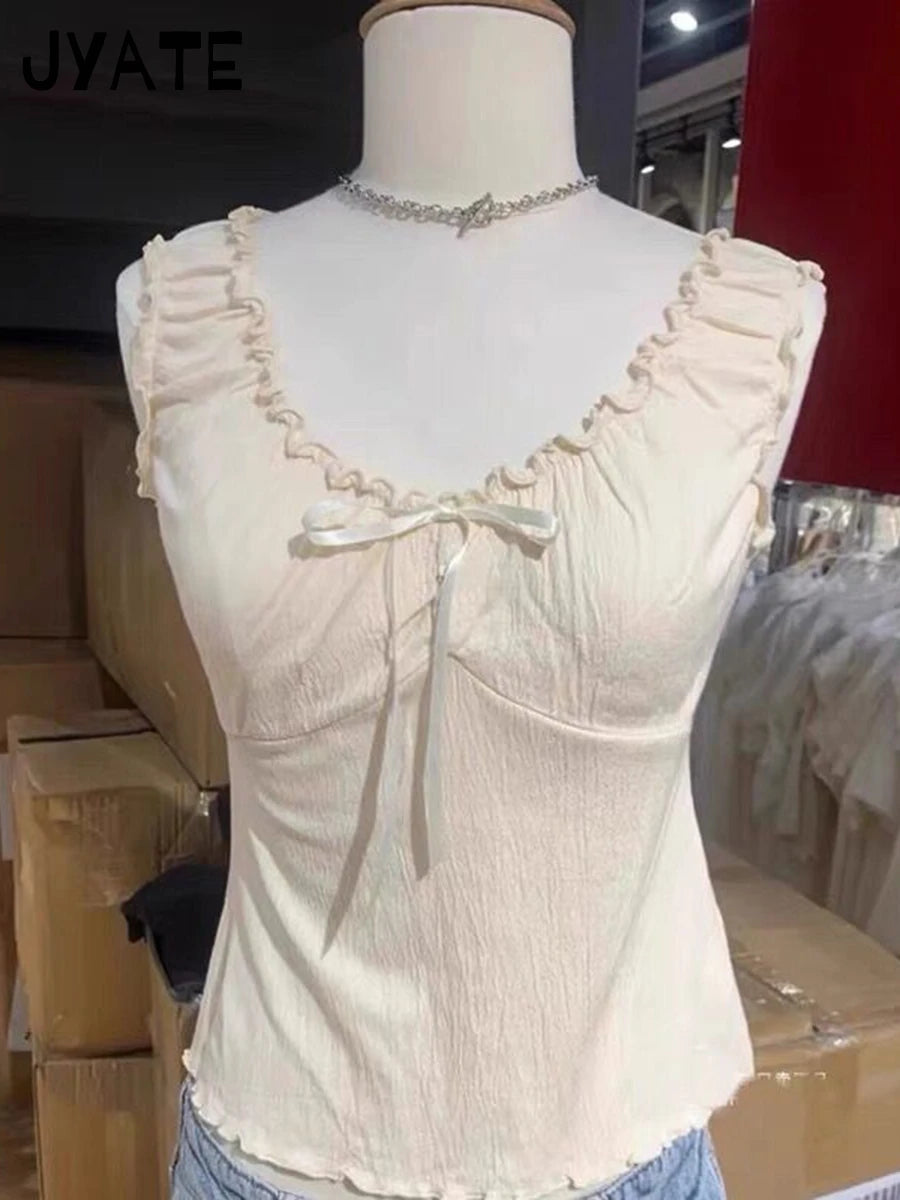 White Ruffles V-neck Cotton Soft Crop Tops Women New Casual Slim Preppy Style Sleeveless Camis Sweet Cute Vintage Tank Top Y2K