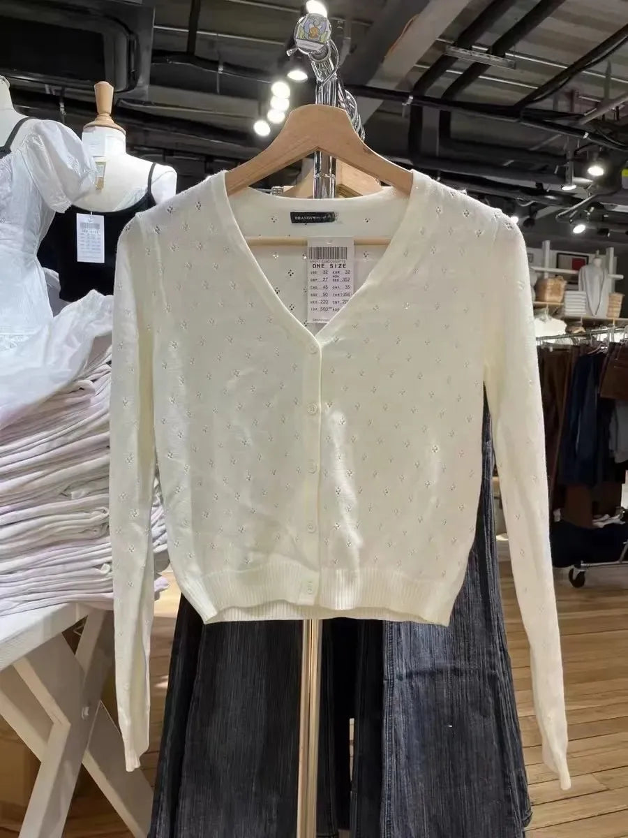 Beige Eyelet Slim Knitted Sweater Cardigan Women Autumn V-Neck Long Sleeve Sweaters Sweet Preppy Style Knitwear Coat Y2K Tops