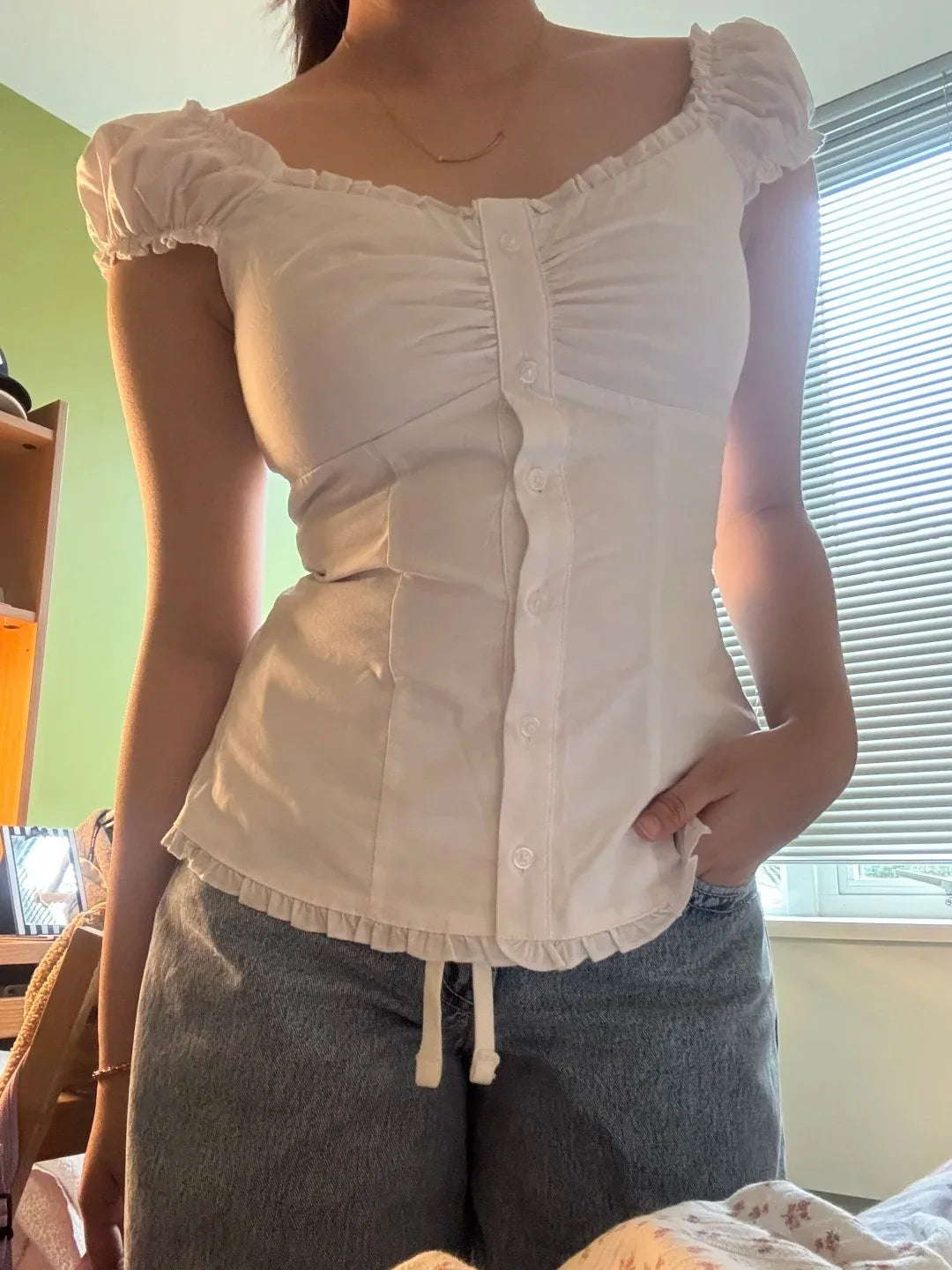 Blue Striped Folds Blouse Top Women New Casual Single Breasted Ruffle Sleeveless Tank Tops Vest Sweet Preppy Style Camisole Y2K