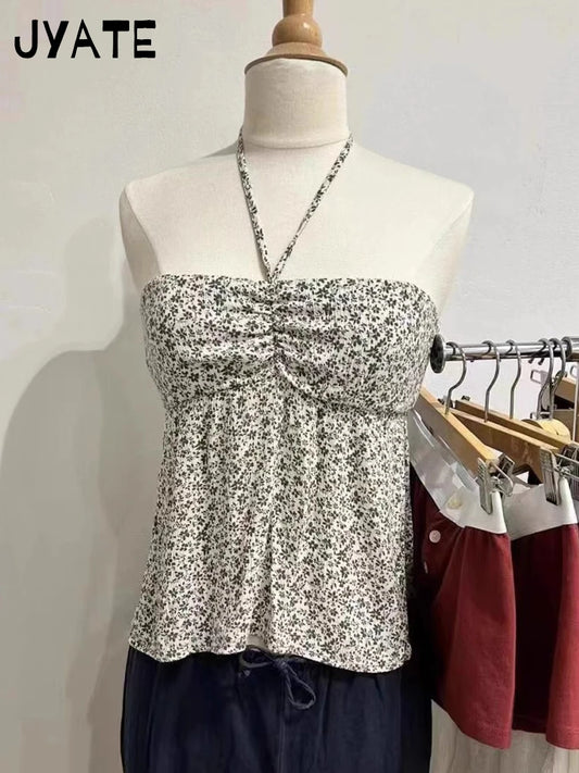Floral Print Sexy Strap Halter Neck Camisole Women Summer Slim Streetwear Sleeveless Cropped Vests Sweet Cute Vintage Tank Tops