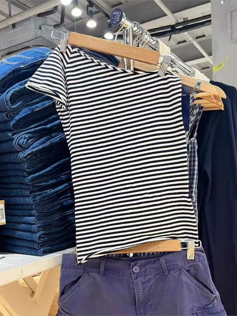 Off-shoulder Style Striped T-shirts Women Summer Sexy Slim Cotton Short Sleeve Tee Female Vintage Sweet Chic Tshirt Y2K Tops New