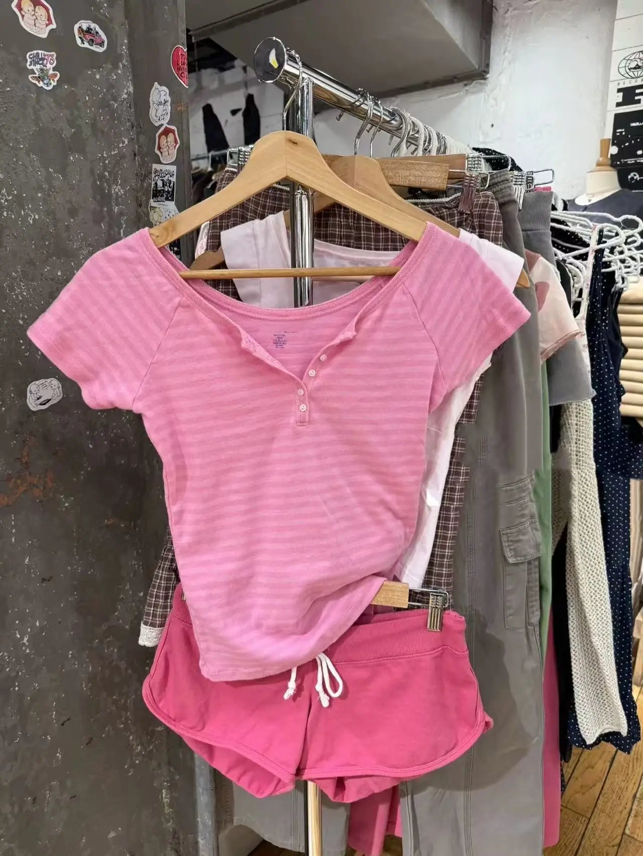 Pink Striped Button T-shirts Women Summer Cotton Slim Preppy Style Cute Crew Neck Short Sleeve Tees Sweet Fashion Y2K Tshirt