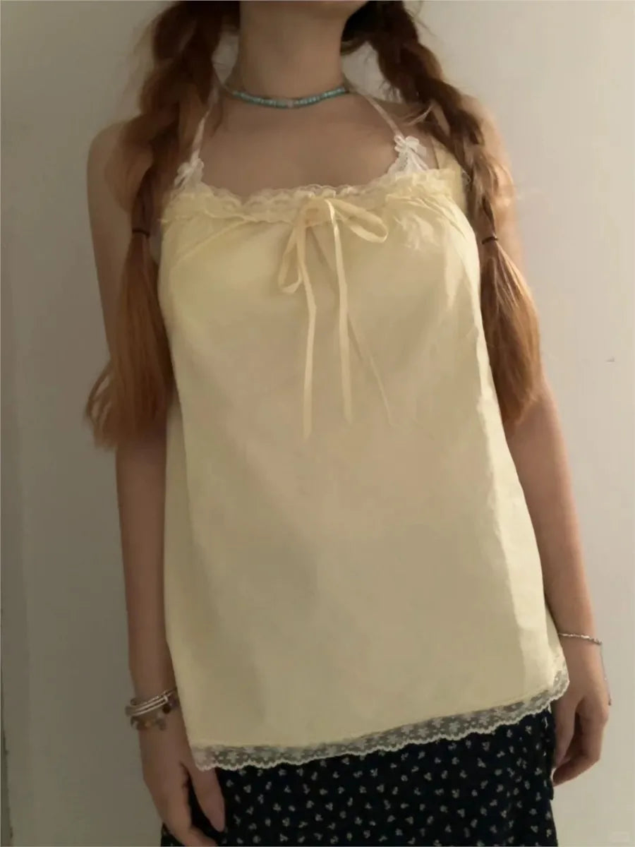 Butter Yellow Lace Trim Long Camisole Women Summer Casual Streetwear Simple Thin Bow Square Neck Tank Tops Sweet Cute Y2K Vests