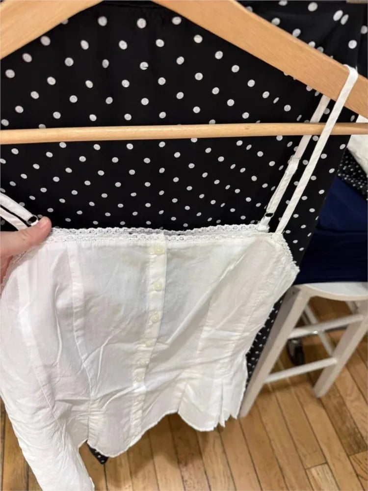 New White Folds Lace Trim Tank Top for Woman Summer Simple Single Breasted Slim Camisole Female Sweet Preppy Style Vest Y2k Tops