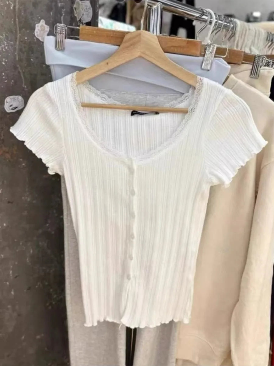 Basic White Lace Trim Buttons T-shirts Women New Spring Casual Slim O-neck Short Sleeve Tees Sweet Cute Vintage T Shirt Y2K Tops