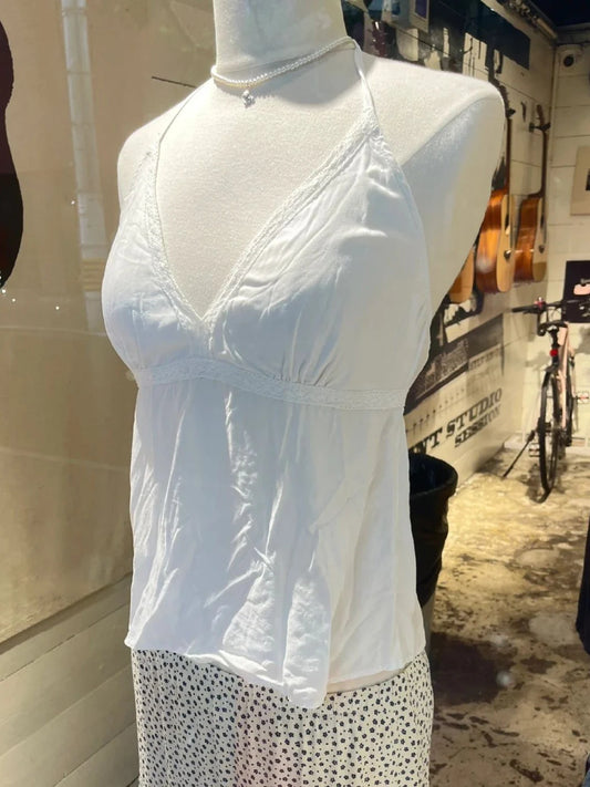 Sweet Lace Trim Lace-up Halter Tank Tops Women White Sexy V-neck Backless Cotton Camisole Casual Preppy Style Crop Top Y2K New