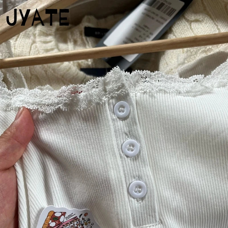 White Lace Trim Patchwork Sleeveless Vest Women New Buttons Cotton Ribbed Basic Tank Tops Female Sweet Chic Vintage Camisole Y2K