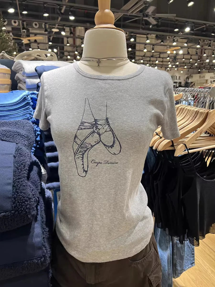 Ballet Shoes Print Slim T-shirt Woman Spring Chic Round Neck Short Sleeve Tee Shirt Sweet Cute Preppy Style Cotton Tshirts Y2k