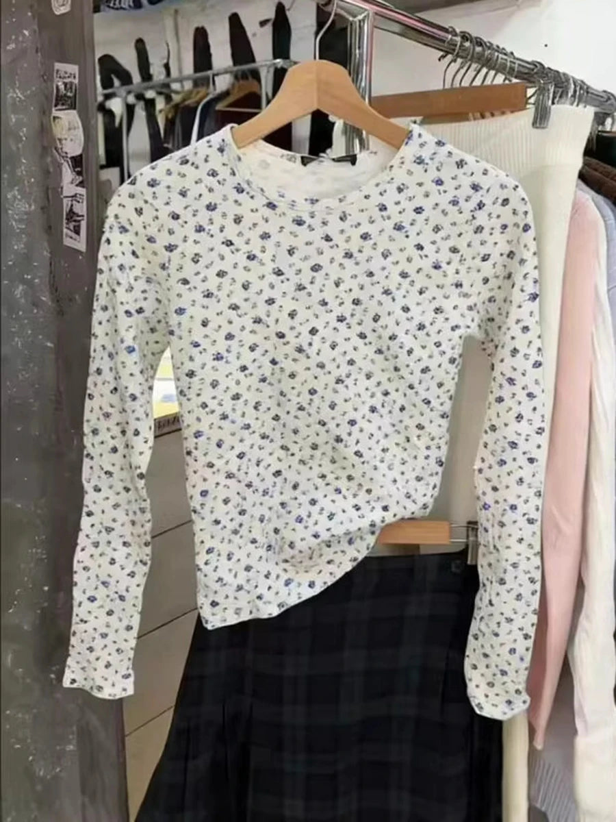 Blue Floral T-shirts Women Spring Casual Streetwear Cotton Crew Neck Long Sleeve Tees Sweet Vintage Chic Preppy Style Shirts