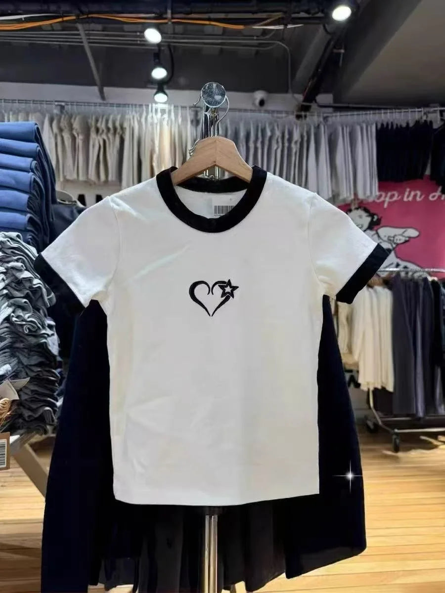 Sweet Pink Devil Heart T-shirts Women Summer New Cotton O-neck Casual Preppy Style Short Sleeve Tees Vintage Cute Chic Tops Y2K
