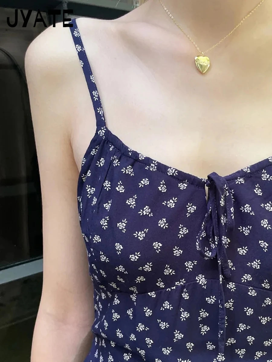 Vintage Floral Print Lace-up Sleeveless Dress Women Summer Cotton Preppy Style Casual A-line Vestidos Sweet Cute Mini Dresses