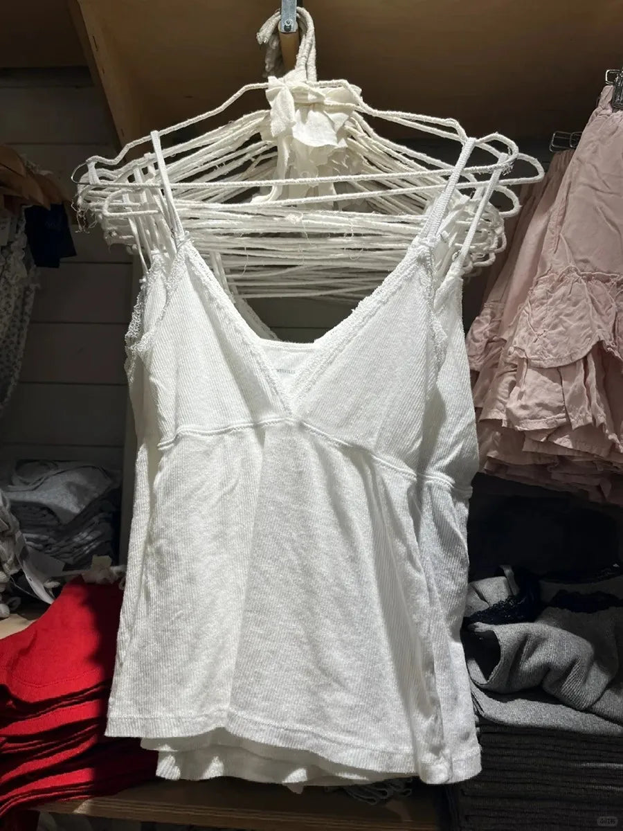 White Lace Trim V-neck Camisole Women Summer Casual Ribbed Cotton Soft Sleeveless Vests Sweet Cute Preppy Style Tank Tops OOTDS