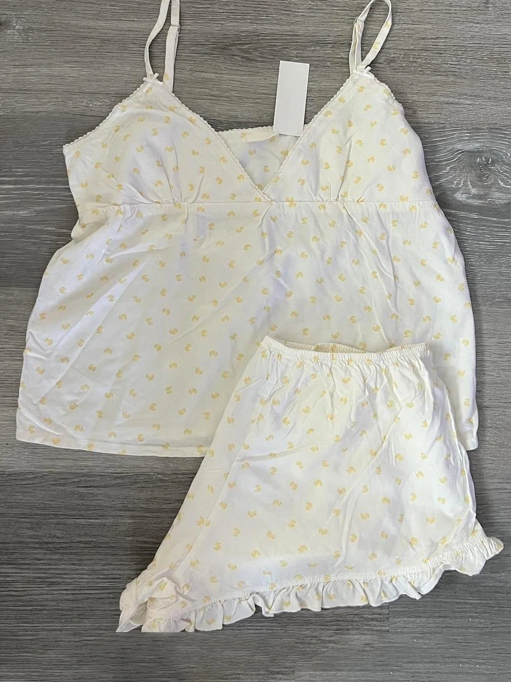 Little Duck Print Tank Shorts Pajama Sets Woman Back Lace-up Bow V-neck Camis+Ruffles SweatshortsCute  Sweet Home 2 Piece Outfit