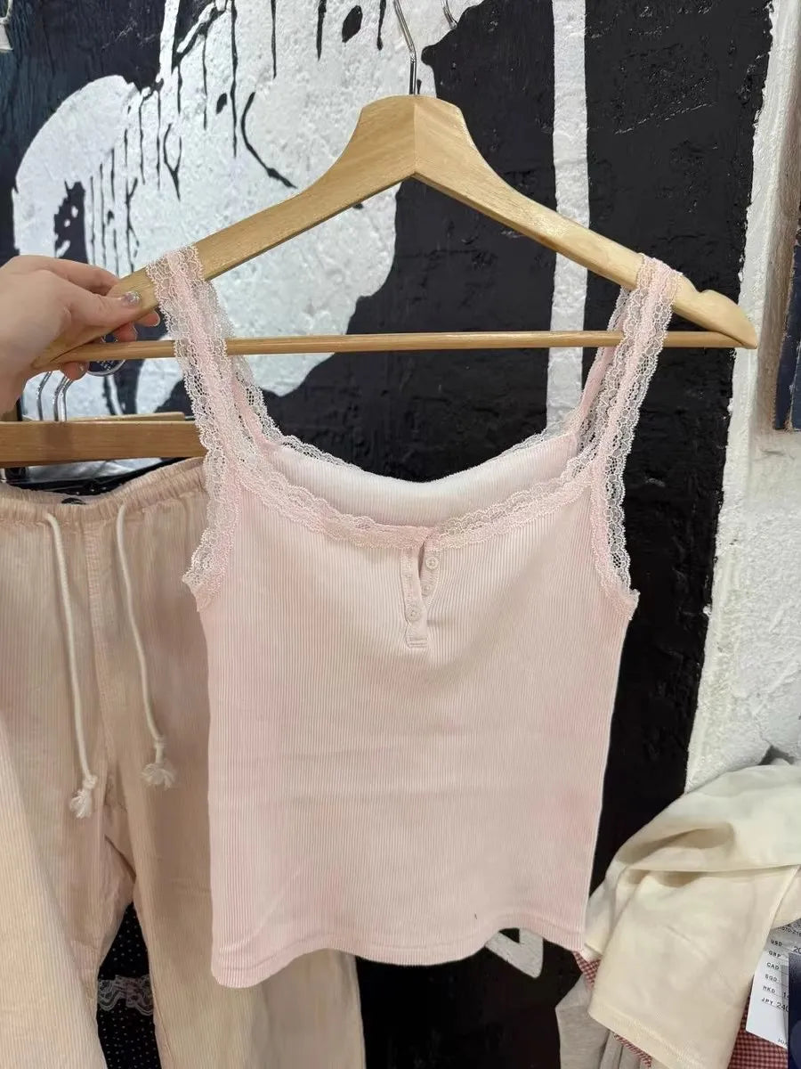 Sweet Pink Lace Trim Ribbed Camisole Women New Casual Cotton Buttons Slim Sleeveless Vest All-match Simple Cropped Tank Tops Y2K