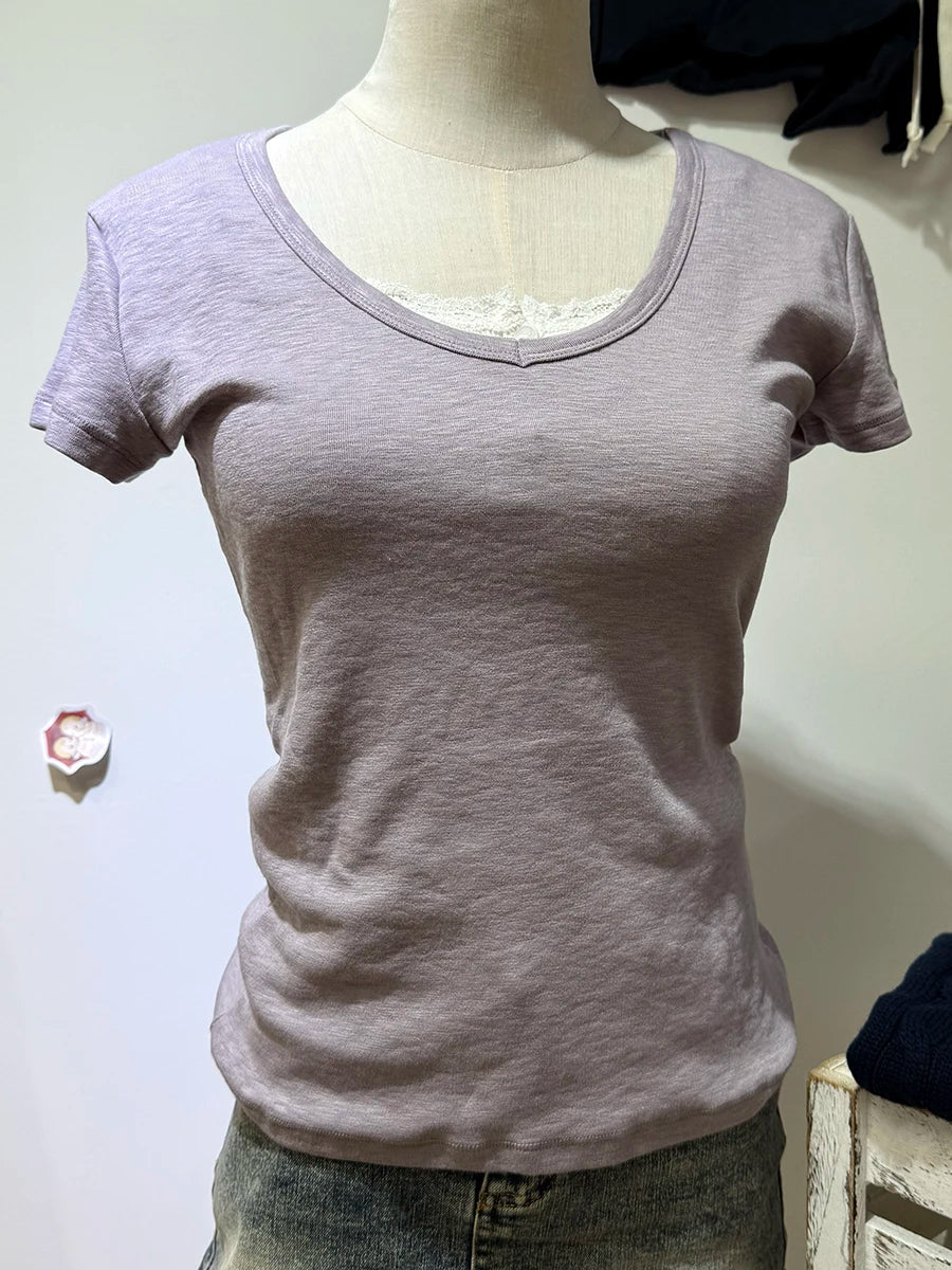 Sweet Gray Lace Trim V-neck Short Sleeve Tee Women New Cotton Casual Simple Slim Tops Clothes Vintage Basic Preppy Style T-shirt