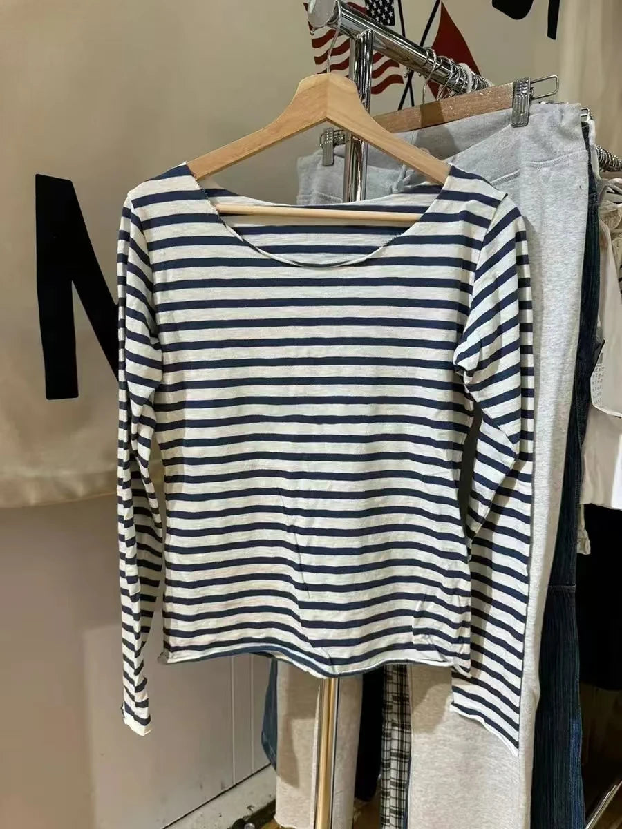 Vintage Striped Sexy Slash Neck Slim T Shirt Women Casual Streetwear Cotton Long Sleeve Tees Casual Sweet Basic T-shirts Y2K New