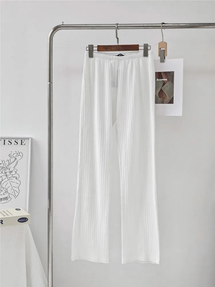 White Eyelet 2 Piece Sets Women Buttons Cotton Long Sleeve Tee+Elastic Waist Straight Trousers Home T-shirt Pant Pajama Set Y2K
