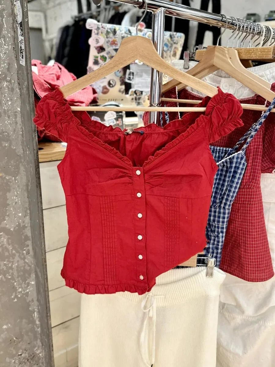 Vintage Red Folds Blouse Top Women Casual Single Breasted Ruffle Sleeveless Tank Tops Vest Girls Sweet Preppy Style Camisole Y2K