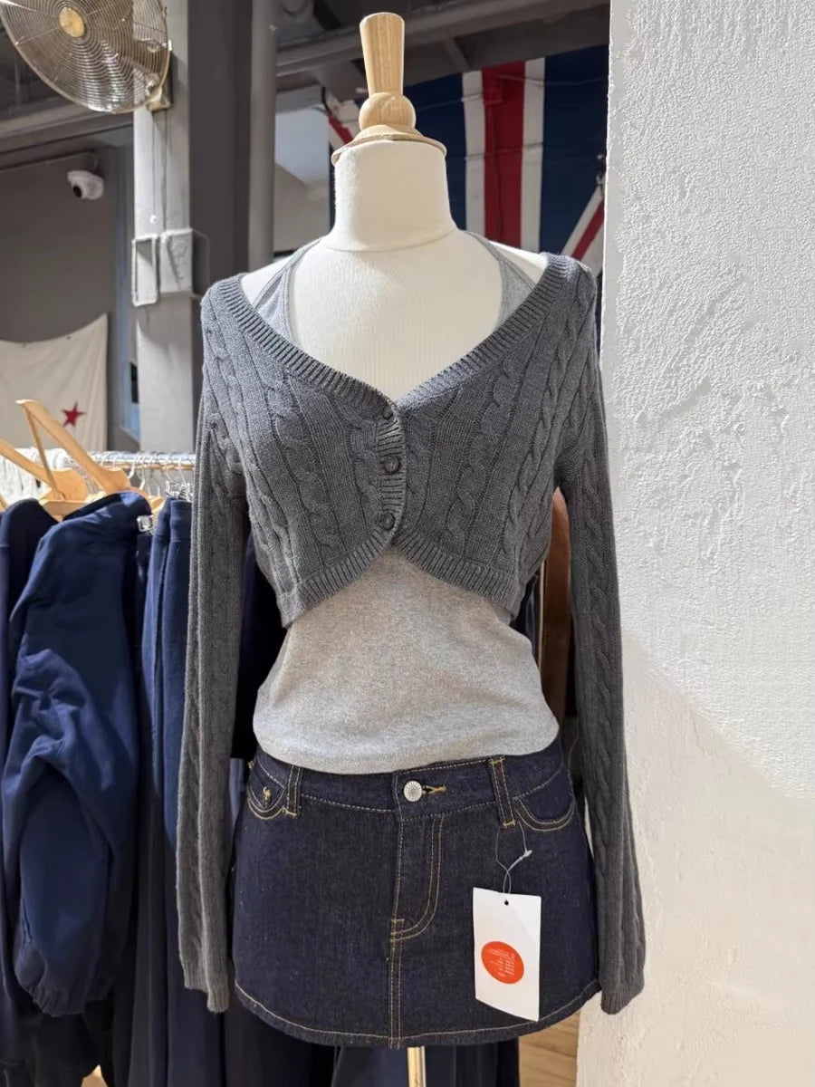 Twist Flower Cropped Cardigan Woman V-neck Single Breasted Short Sleeve Knitted Crop Tops Autumn Sweet Cotton Knitwear y2k