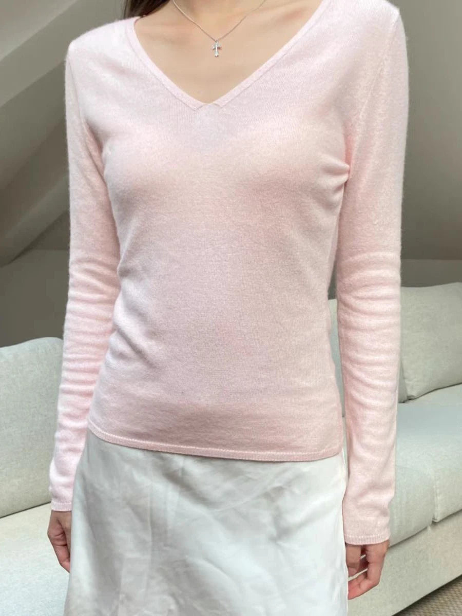 Pink Sweet Knitted Long Sleeve T-Shirt Women Autumn V-Neck Preppy Style Cotton Slim Tee Shirt Casual Cute Knitwear Tshirts Y2K