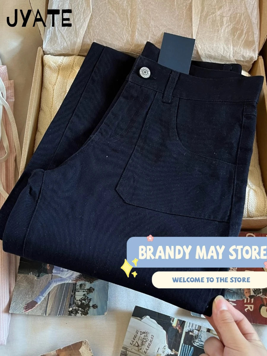 Harajuku Black Pockets Low Waist Straight Pants Women Spring Streetwear Casual Cargo Long Pant Vintage Baggy Simple Trousers Y2K