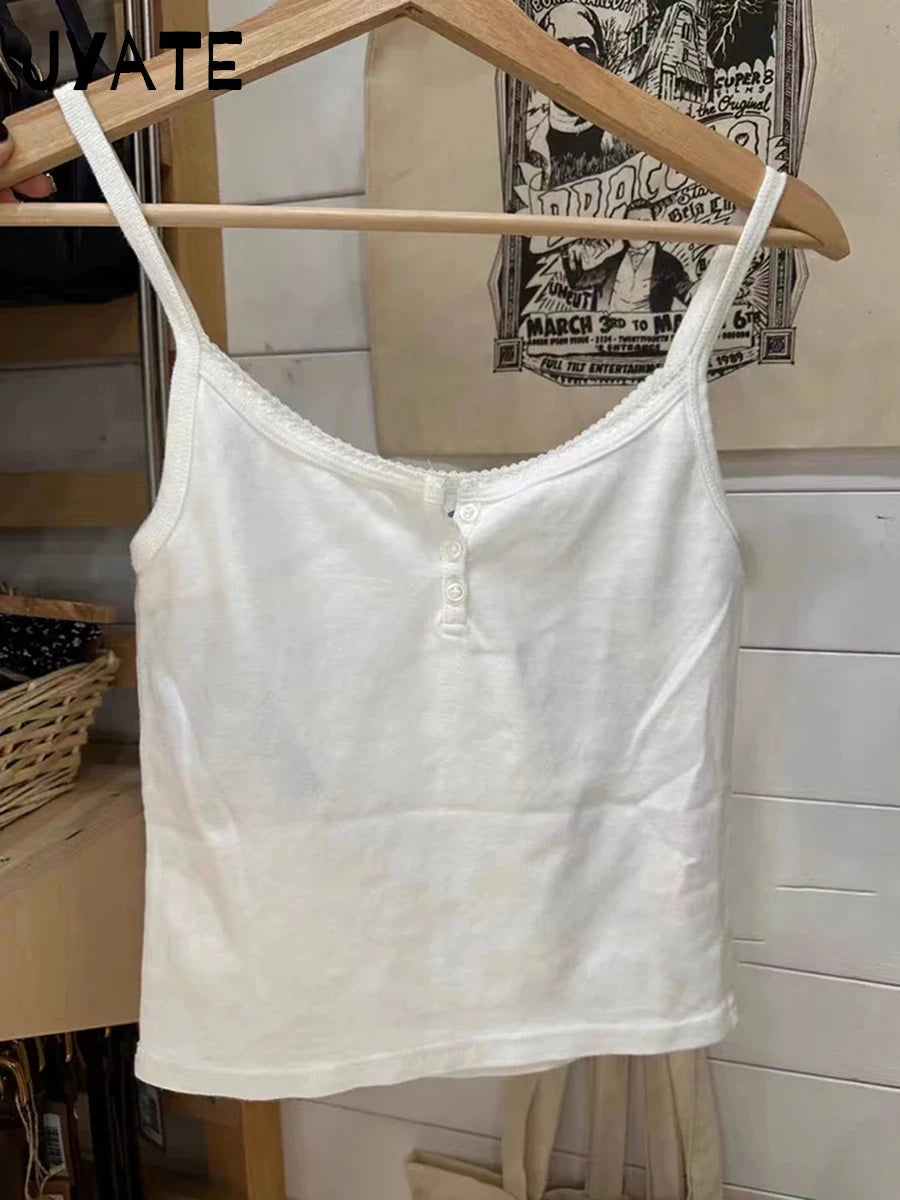 Retro Brown Lace Trim Buttons Tank Tops Women Summer V-neck Cotton Sexy Slim Sleeveless Crop Top Sweet Vintage Chic Y2K Camisole