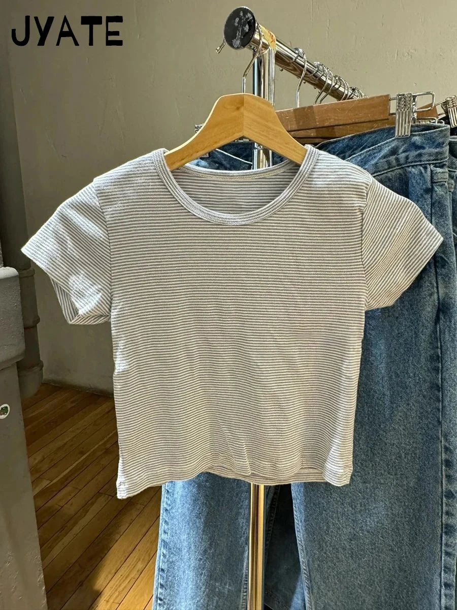 Sweet Pink Striped Slim T-shirt Women Spring Round Neck Cotton Short Sleeve Tee Shirts Female Cute Preppy Style Y2K T shirts New