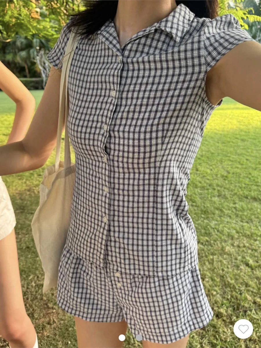 Plaid Buttons Blouse T-shirt Short Sets Women Slim Short Sleeve Tees+Straight Sweatshorts Sweet Home Pajama 2 Piece Outfits Y2K