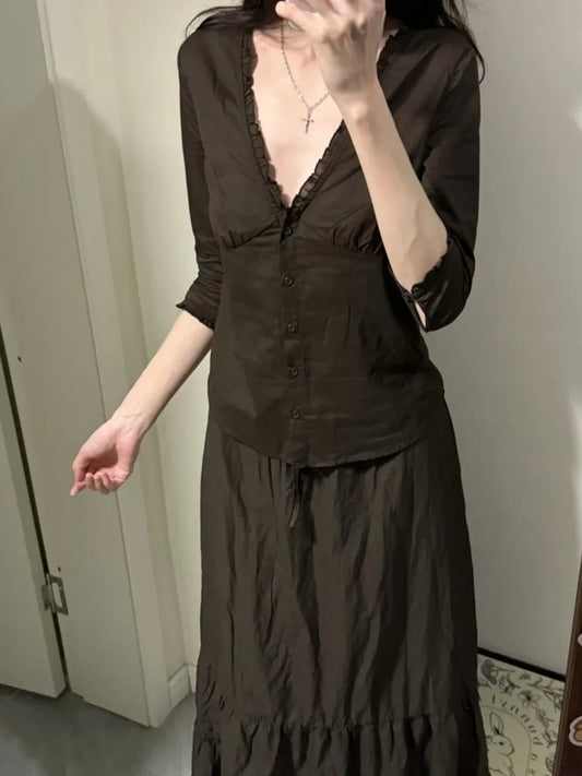 Brown Ruffles Single Breasted T-Shirt Blouse Women Summer V-neck Haft Sleeve Tee Shirts Simple Sweet All-match Thin Tshirts New