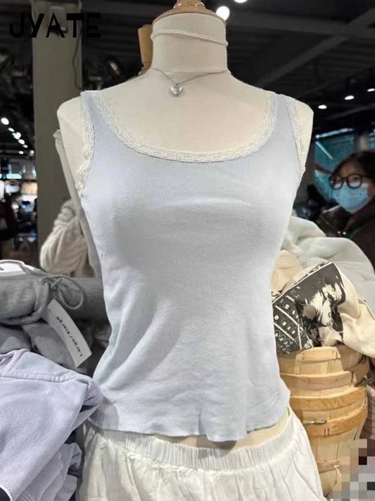 New Sweet Blue Lace Trim Tank Tops Women Summer Cotton Slim Sexy Simple Sleeveless Vests Harajuku Vintage Cute Camis Y2K Clothes