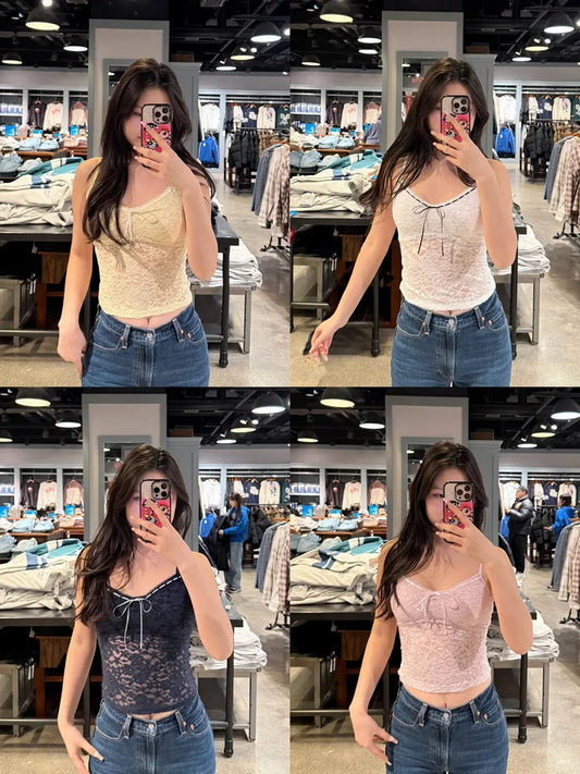 Lace Bow Transparent Tank Tops Women Summer New Streetwear Sleeveless V-neck Thin Slim Vest Sweet Vintage Sexy Camis Y2K
