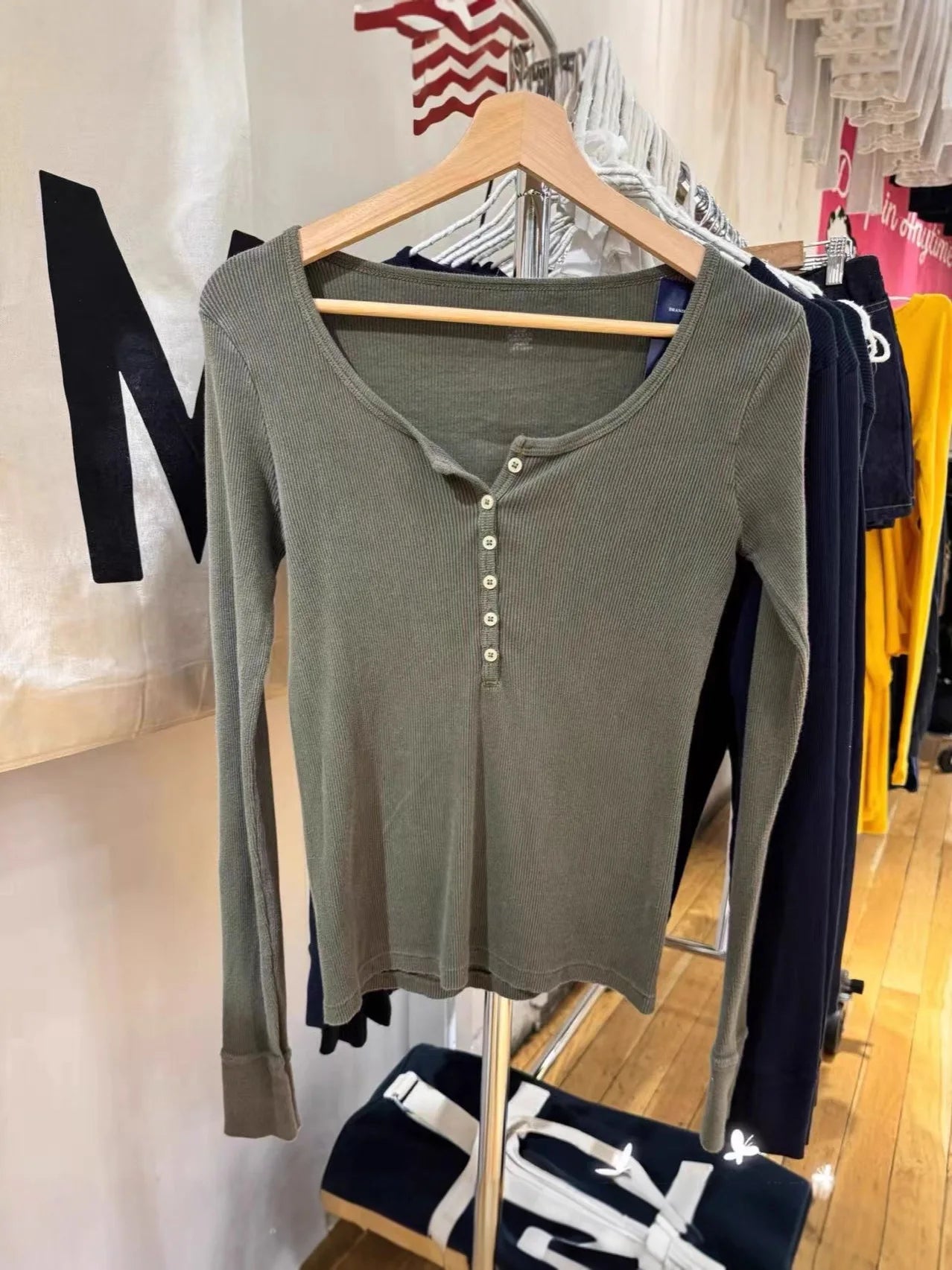 Green Vintage Ribbed Long Sleeve Tee Women's Autumn Six Button Cotton Casual Patchwork Slim T-Shirts Simple Chic Streetwear Tops