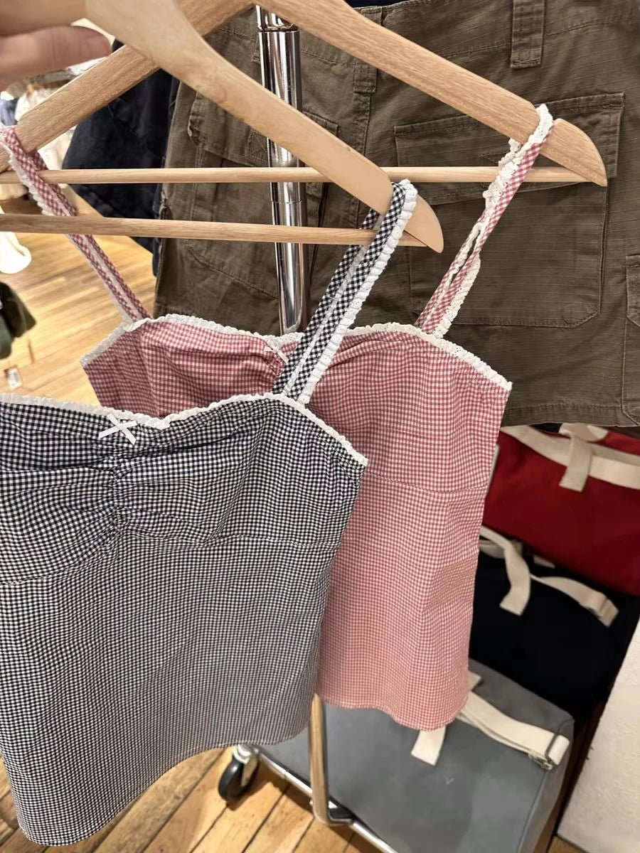 Vintage Plaid Lace Trim Slim Tank Tops Woman Summer Bow Folds Strapless Camisole Female Casual Sweet Preppy Style Vest Y2K Top