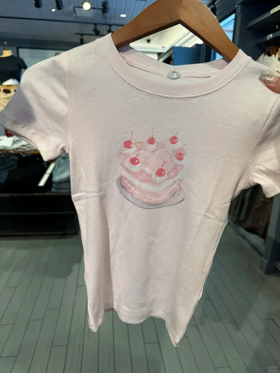 Sweet Pink Cake Graphic Ribbed T-shirt Summer New Round Neck Slim Short Sleeve Tees Women Casual All-match Cotton Crop Top Y2k