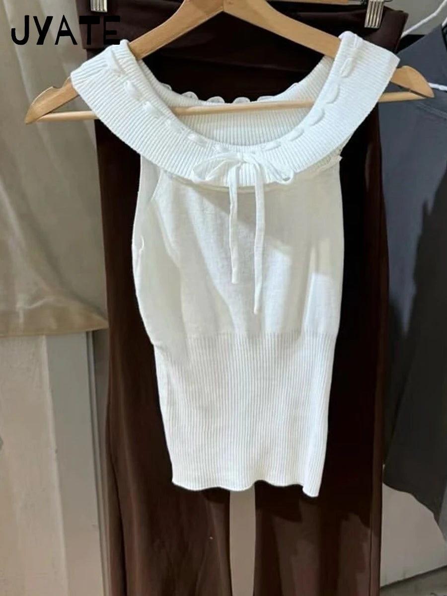 Sweet White Lace-up Knitted Slim Cropped T-shirts Women Cotton Slash Neck Preppy Style Tees Vintage Chic Casual Crop Tops Y2K