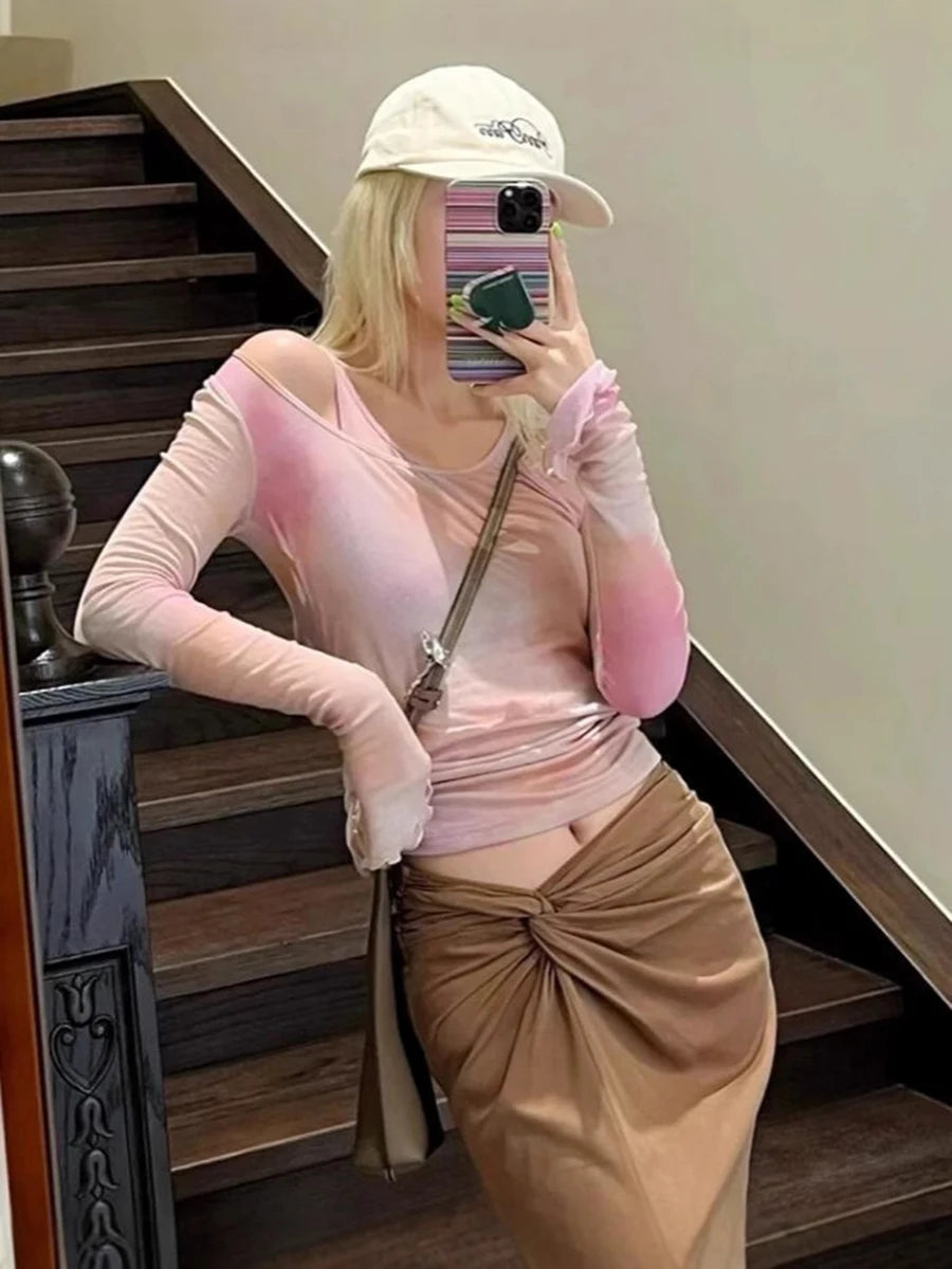 Sweet Pink Gradient Long Sleeve Tees Women New Casual Cotton Irregular Collar Tshirt Tops Cute Aesthetics Chic T-shirts Y2K Top