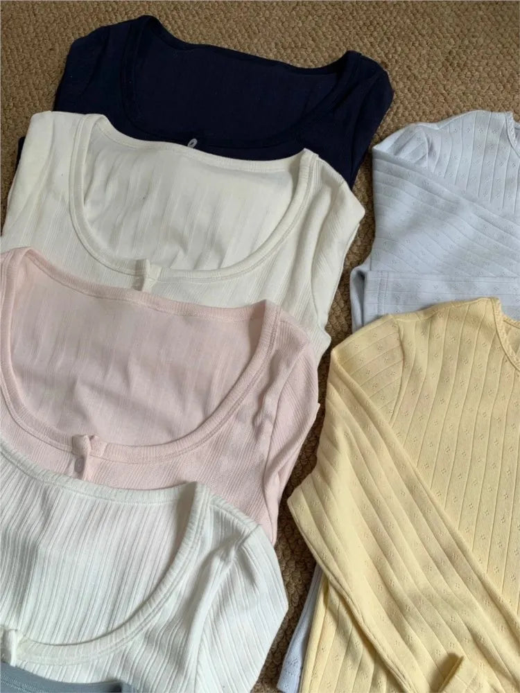 Pink Eyelet Slim Long Sleeve T-shirts Women Preppy Style O-neck Single Breasted Cotton Tee Shirts Sweet Cute Vintage Tops