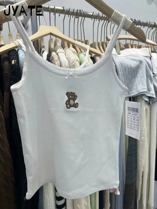 Litter Bear Embroidery Bow Camisole Women New Lace Trim Cotton Casual Slim Sleeveless Vests Sweet Cute Harajuku Tank Tops Y2K