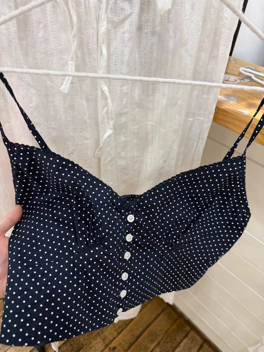 Vintage Navy Polka Dot Slim Crop Top Women Summer Cotton Single Breasted V-neck Cropped Camisole Streetwear Sweet Tank Tops New