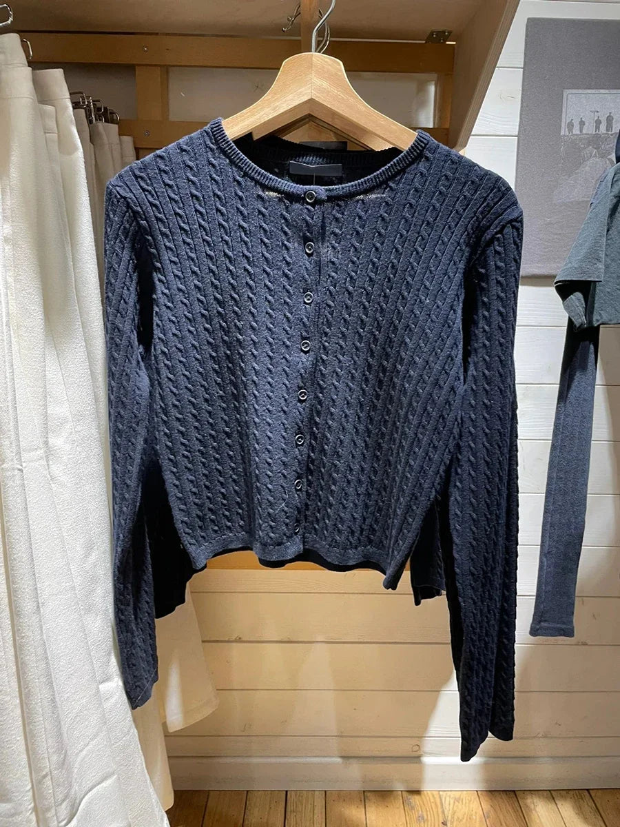 Gray Pockets Knitted Sweater Cardigan Women Autumn Cotton Round Neck Long Sleeve Sweaters Sweet Preppy Style Knitwear Y2K Tops