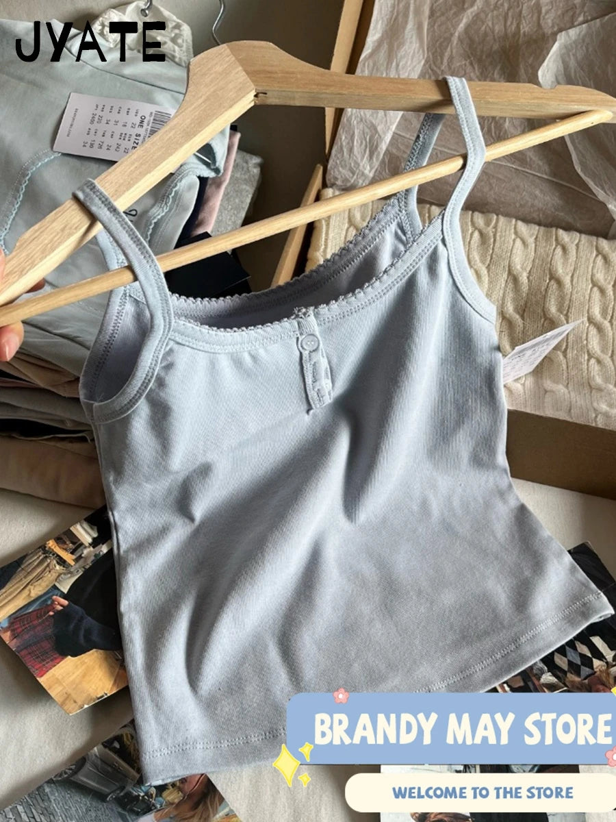 Blue Buttons U-neck Sleeveless Vests Women Summer Cotton Soft Slim Streetwear Casual Tank Tops Femme Sweet Cute Basic Camisole
