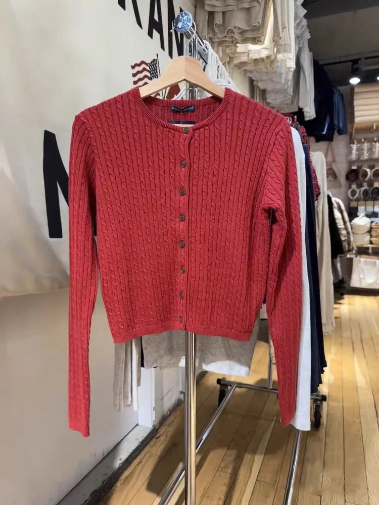 New Blue Twisted Flower Knit Cardigan Women Autumn Casual O-neck Single-breasted Slim Crop Tops Vintage Preppy Style Sweater Y2K