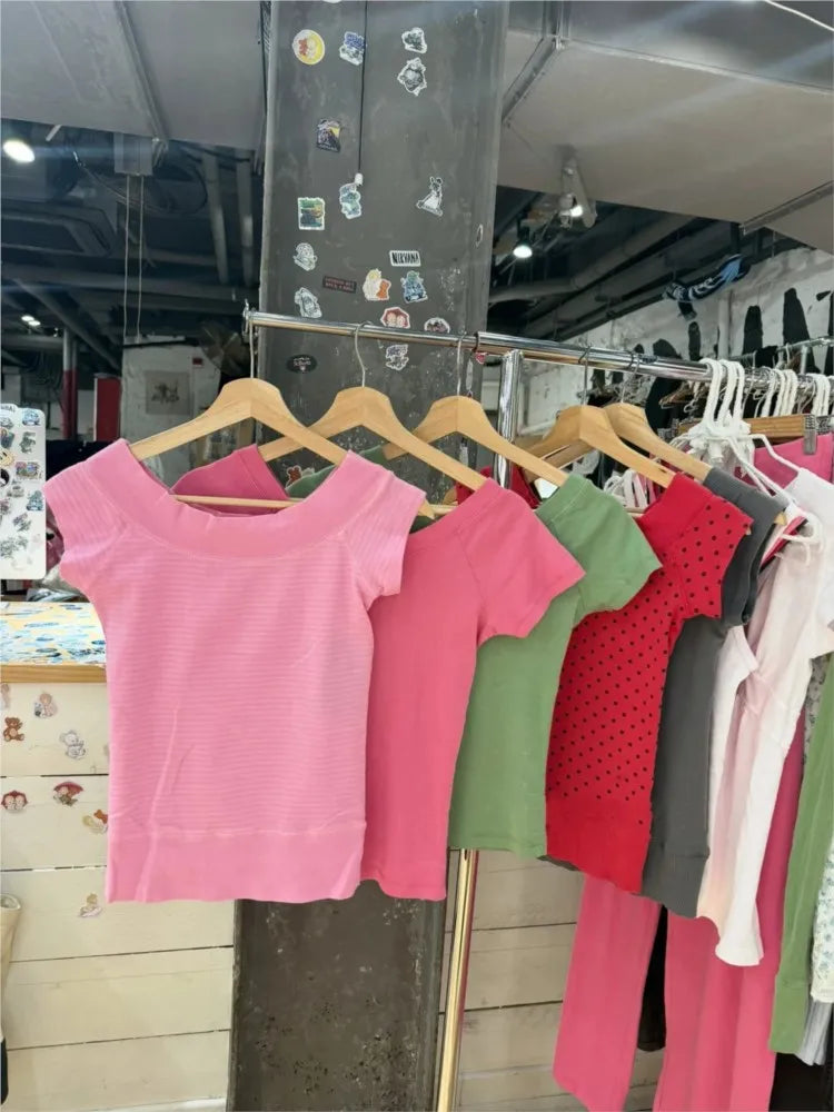 Pink Pinstripes Slash Neck Tee Shirts Women Casual Short Raglan sleeve Cotton Slim Tshirts Sweet Cute Preppy Style T-shirts Y2K