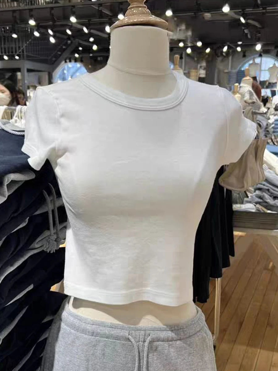 Solid Simple Basic Slim Crop Tops Women Summer Casual Cotton Soft O-neck Casual Short Sleeve Tees Harajuku Vintage T-shirts Y2K
